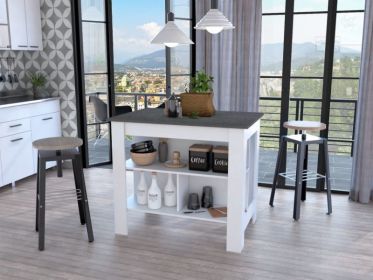 Brooklyn Kitchen Island; Three Concealed Shelves (Color: White / Onyx)