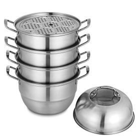 Kitchen Supplise Glass Lid Multi Tiers Kitchen Pan Cookware Stainless Steel Steamer Set (Color: Silver B)