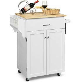 Rolling Kitchen Island with Spice Rack and Adjustable Shelf (Color: White)